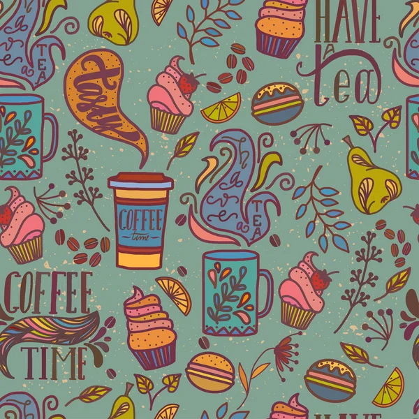 Coffee and tea seamless pattern. Texture with cups, lettering, beans, cakes, fruits, leaves and flowers. Can be used for wallpaper, pattern fills, web page background, surface textures. 