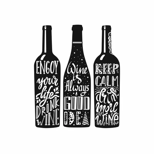 Typography Set Wine Bottle Silhouette Lettering Vector Handwriting Illustration Designed — Stock Vector