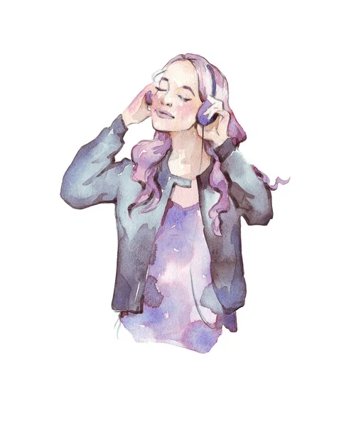 Fille Avec Casque Isolé Sur Illustration Aquarelle Blanche — Photo