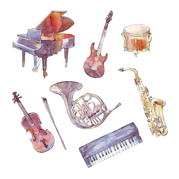 Aquarel Set Muziekinstrumenten — Stockfoto