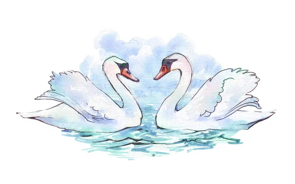 Swans Blue Lake Water Watercolor — Stock Photo, Image