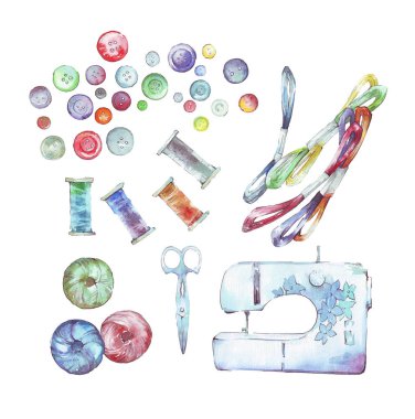 Dikiş aksesuarları suluboya izole ayarla