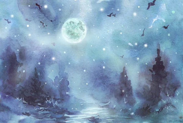 Donkere Midnight Forest Fir Aquarel Illustratie — Stockfoto