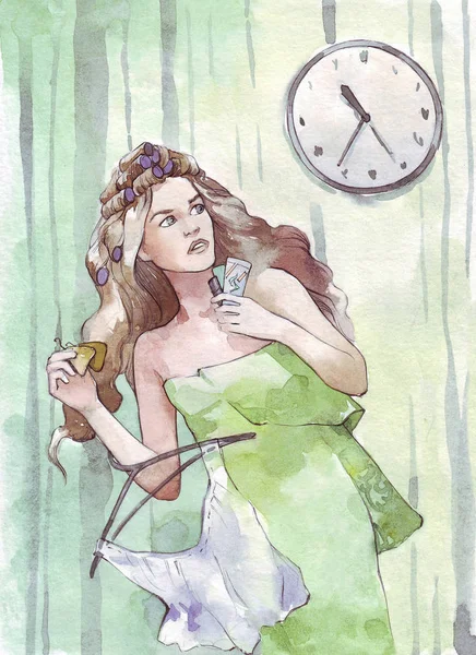 Femme Hâte Avec Une Horloge Sur Mur Aquarelle Illustration — Photo