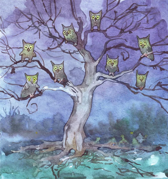暗い森の水彩イラストの木の上に座ってのフクロウ — ストック写真