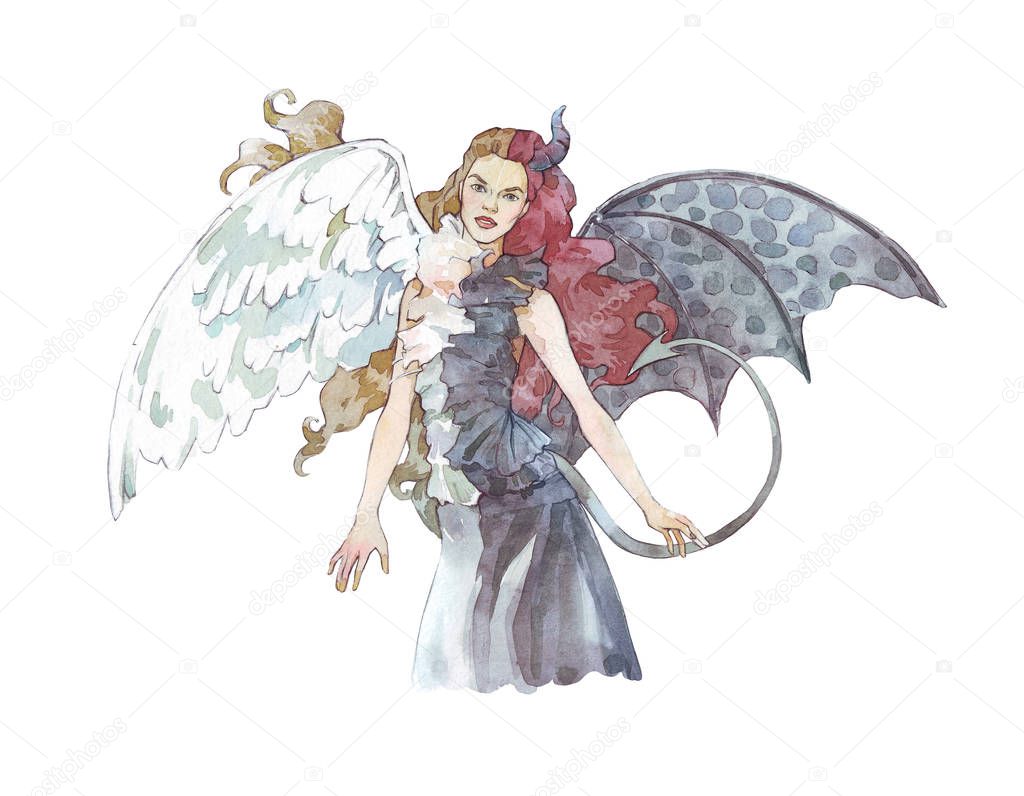 angel vs demon girl watercolor illustration hand painted
