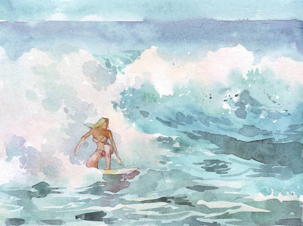 Surfen Meisje Aquarel Illustratie Hand Geschilderd — Stockfoto