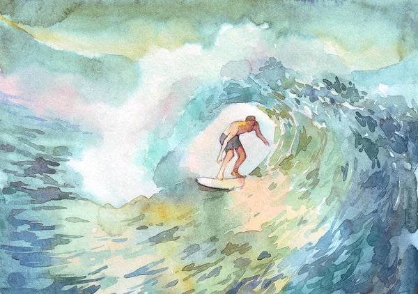 Surfer Man Oceaan Aquarel Illustratie — Stockfoto