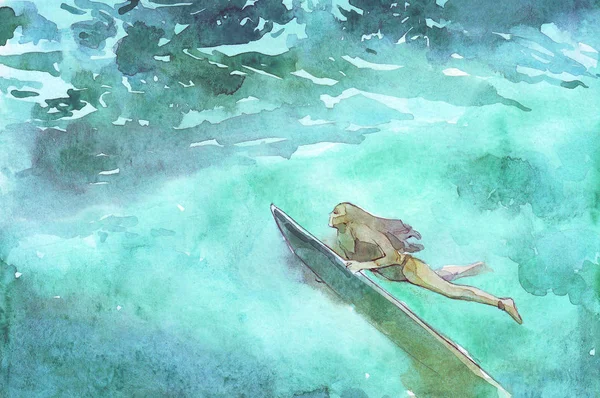 Surfen Meisje Onderwater Aquarel Illustratie — Stockfoto