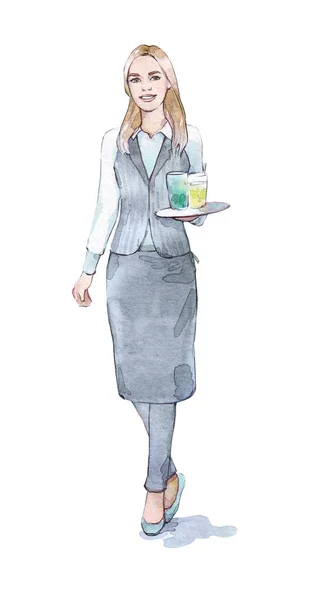 Waitress Holding Tray Cocktails Watercolor — Stock Photo, Image