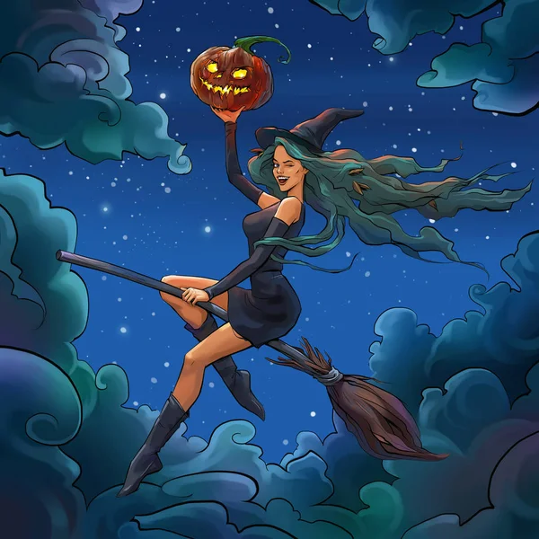 witch with pumpkin flying on broomstick