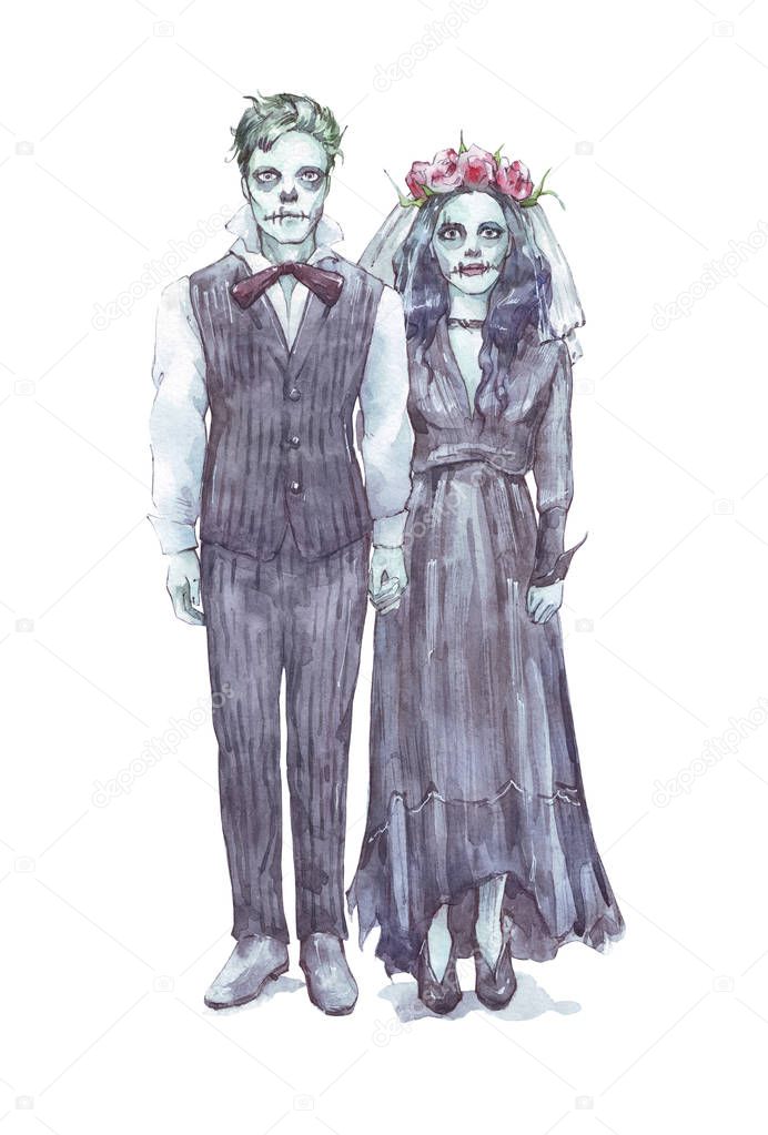 halloween  creepy pair watercolor illustration