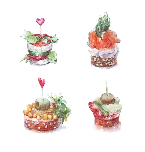 Set of canapes watercolor illustration — Stock Photo, Image