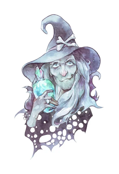 Old nosed witch with magic bottle — Stock Photo, Image