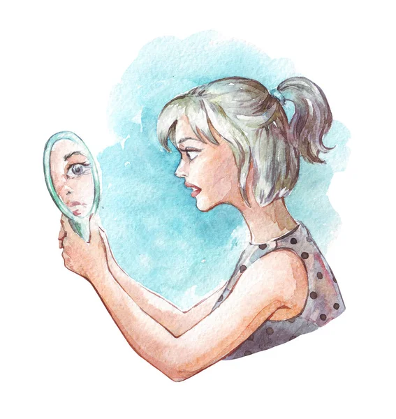 Scared girl looking at the mirror — Stock Photo, Image