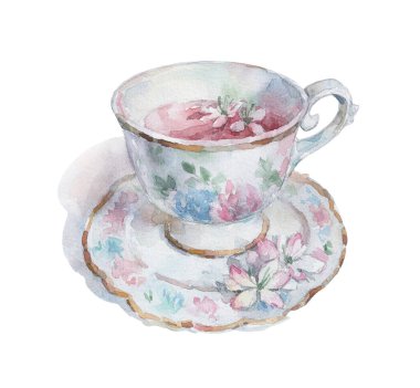 Bir fincan aromatik kırmızı çay, çiçekli suluboya sanat.