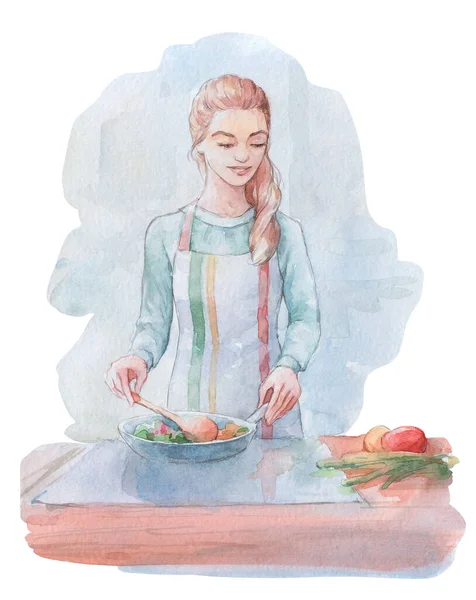 Mulher Preparando Jantar Fogão Aquarela Arte Isolada — Fotografia de Stock