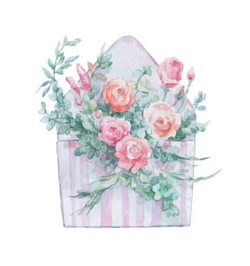 Çiçeklerle süslenmiş mesaj postası suluboya sanatı