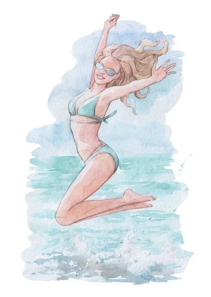 Happy Girl Jumping Sea Watercolor Art — Stock Photo, Image