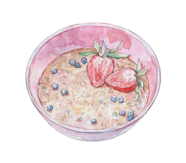 碗粥与草莓和蓝莓水彩画 — 图库照片