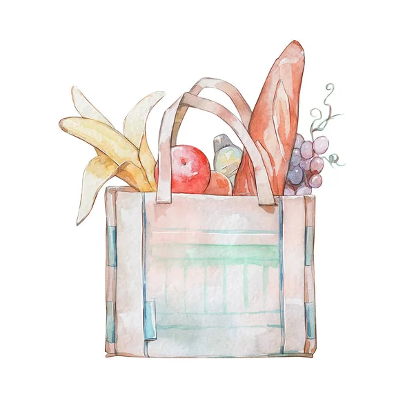 Bolsa Compras Con Frutas Pan Acuarela Arte —  Fotos de Stock