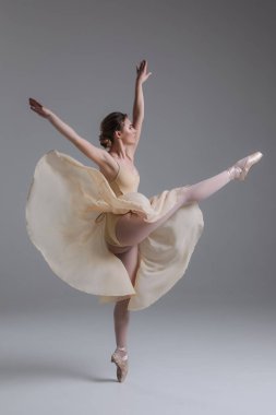 Dans bir heykel yaratıyor. Dans ve bale olarak böyle bir klasik sanatının güzellik gösterilen güzel zarif narin genç kadın.