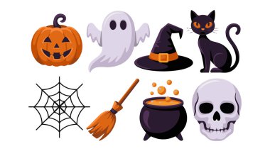 Cadılar Bayramı illüstrasyonunda balkabakları, yarasalar ve tüyler ürpertici gece vektör süslemeleri yer alıyor.