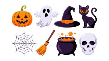 Cadılar Bayramı illüstrasyonunda balkabakları, yarasalar ve tüyler ürpertici gece vektör süslemeleri yer alıyor.