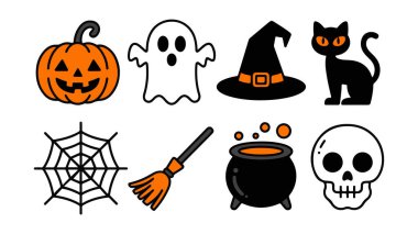 Hayaletli cadılar bayramı öğeleri. Balkabağı, yarasa ve ürkütücü gece gökyüzü gibi klasik Cadılar Bayramı öğelerini içeren canlı bir vektör tasarımı mevsimsel kutlamalar için mükemmel..