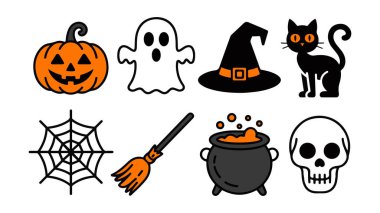 Hayaletli cadılar bayramı öğeleri. Balkabağı, yarasa ve ürkütücü gece gökyüzü gibi klasik Cadılar Bayramı öğelerini içeren canlı bir vektör tasarımı mevsimsel kutlamalar için mükemmel..