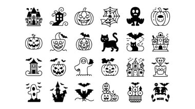 Hayaletli cadılar bayramı öğeleri. Balkabağı, yarasa ve ürkütücü gece gökyüzü gibi klasik Cadılar Bayramı öğelerini içeren canlı bir vektör tasarımı mevsimsel kutlamalar için mükemmel..