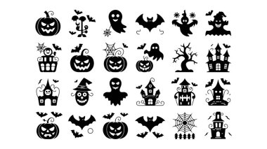 Hayaletli cadılar bayramı öğeleri. Balkabağı, yarasa ve ürkütücü gece gökyüzü gibi klasik Cadılar Bayramı öğelerini içeren canlı bir vektör tasarımı mevsimsel kutlamalar için mükemmel..