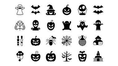 Hayaletli cadılar bayramı öğeleri. Balkabağı, yarasa ve ürkütücü gece gökyüzü gibi klasik Cadılar Bayramı öğelerini içeren canlı bir vektör tasarımı mevsimsel kutlamalar için mükemmel..