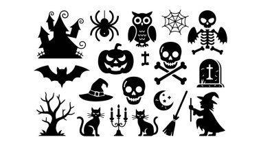 Hayaletli cadılar bayramı öğeleri. Balkabağı, yarasa ve ürkütücü gece gökyüzü gibi klasik Cadılar Bayramı öğelerini içeren canlı bir vektör tasarımı mevsimsel kutlamalar için mükemmel..