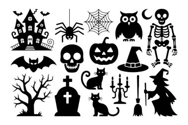 Hayaletli cadılar bayramı öğeleri. Balkabağı, yarasa ve ürkütücü gece gökyüzü gibi klasik Cadılar Bayramı öğelerini içeren canlı bir vektör tasarımı mevsimsel kutlamalar için mükemmel..