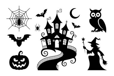 Hayaletli cadılar bayramı öğeleri. Balkabağı, yarasa ve ürkütücü gece gökyüzü gibi klasik Cadılar Bayramı öğelerini içeren canlı bir vektör tasarımı mevsimsel kutlamalar için mükemmel..