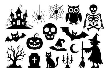 Hayaletli cadılar bayramı öğeleri. Balkabağı, yarasa ve ürkütücü gece gökyüzü gibi klasik Cadılar Bayramı öğelerini içeren canlı bir vektör tasarımı mevsimsel kutlamalar için mükemmel..