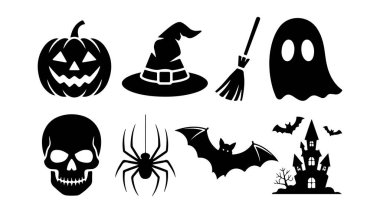 Hayaletli cadılar bayramı öğeleri. Balkabağı, yarasa ve ürkütücü gece gökyüzü gibi klasik Cadılar Bayramı öğelerini içeren canlı bir vektör tasarımı mevsimsel kutlamalar için mükemmel..