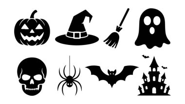 Hayaletli cadılar bayramı öğeleri. Balkabağı, yarasa ve ürkütücü gece gökyüzü gibi klasik Cadılar Bayramı öğelerini içeren canlı bir vektör tasarımı mevsimsel kutlamalar için mükemmel..