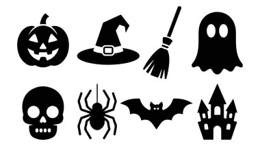 Hayaletli cadılar bayramı öğeleri. Balkabağı, yarasa ve ürkütücü gece gökyüzü gibi klasik Cadılar Bayramı öğelerini içeren canlı bir vektör tasarımı mevsimsel kutlamalar için mükemmel..