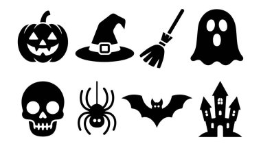 Hayaletli cadılar bayramı öğeleri. Balkabağı, yarasa ve ürkütücü gece gökyüzü gibi klasik Cadılar Bayramı öğelerini içeren canlı bir vektör tasarımı mevsimsel kutlamalar için mükemmel..