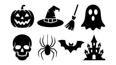 Hayaletli cadılar bayramı öğeleri. Balkabağı, yarasa ve ürkütücü gece gökyüzü gibi klasik Cadılar Bayramı öğelerini içeren canlı bir vektör tasarımı mevsimsel kutlamalar için mükemmel..