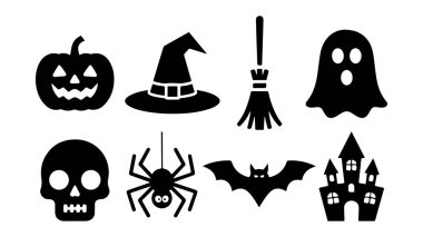 Hayaletli cadılar bayramı öğeleri. Balkabağı, yarasa ve ürkütücü gece gökyüzü gibi klasik Cadılar Bayramı öğelerini içeren canlı bir vektör tasarımı mevsimsel kutlamalar için mükemmel..