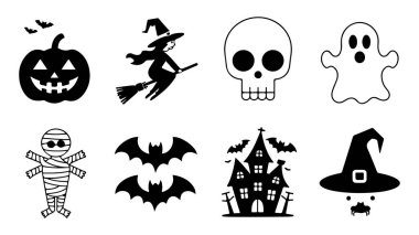 Hayaletli cadılar bayramı öğeleri. Balkabağı, yarasa ve ürkütücü gece gökyüzü gibi klasik Cadılar Bayramı öğelerini içeren canlı bir vektör tasarımı mevsimsel kutlamalar için mükemmel..