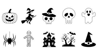 Hayaletli cadılar bayramı öğeleri. Balkabağı, yarasa ve ürkütücü gece gökyüzü gibi klasik Cadılar Bayramı öğelerini içeren canlı bir vektör tasarımı mevsimsel kutlamalar için mükemmel..