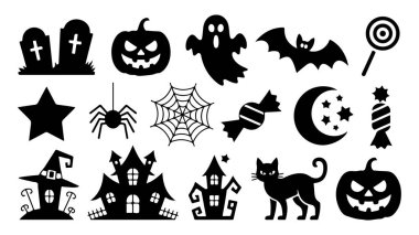 Hayaletli cadılar bayramı öğeleri. Balkabağı, yarasa ve ürkütücü gece gökyüzü gibi klasik Cadılar Bayramı öğelerini içeren canlı bir vektör tasarımı mevsimsel kutlamalar için mükemmel..