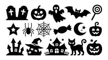 Hayaletli cadılar bayramı öğeleri. Balkabağı, yarasa ve ürkütücü gece gökyüzü gibi klasik Cadılar Bayramı öğelerini içeren canlı bir vektör tasarımı mevsimsel kutlamalar için mükemmel..