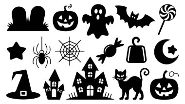 Hayaletli cadılar bayramı öğeleri. Balkabağı, yarasa ve ürkütücü gece gökyüzü gibi klasik Cadılar Bayramı öğelerini içeren canlı bir vektör tasarımı mevsimsel kutlamalar için mükemmel..