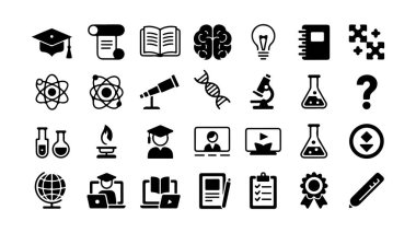 Dijital projeler için modern eğitim ve bilim ikonu. Akademik ve Bilimsel Simgeler Ayarlandı 
