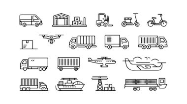 Dijital tasarım ve uygulamalar için modern araç simgesi seti. Lojistik ve Ulaşım Simgeleri Ayarlandı